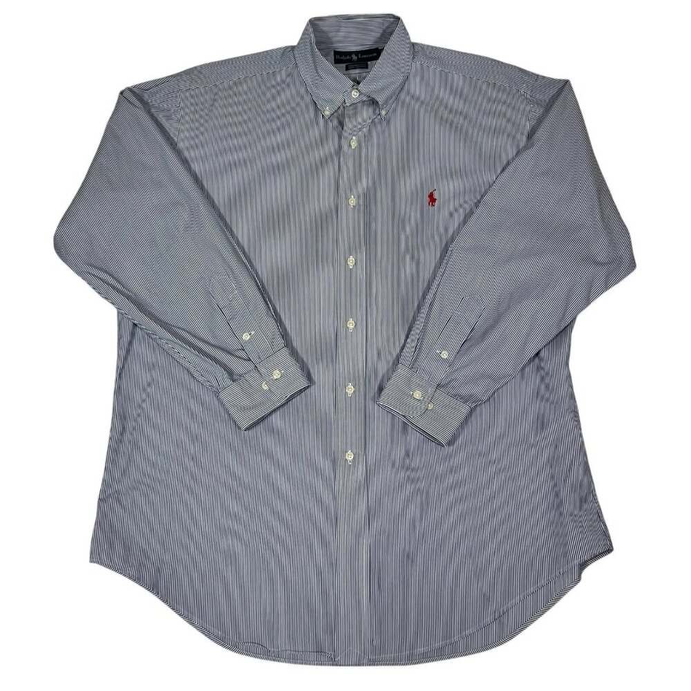 Ralph Lauren Mens Blue White Striped Yarmouth Casual Button Down Shirt Size 16
